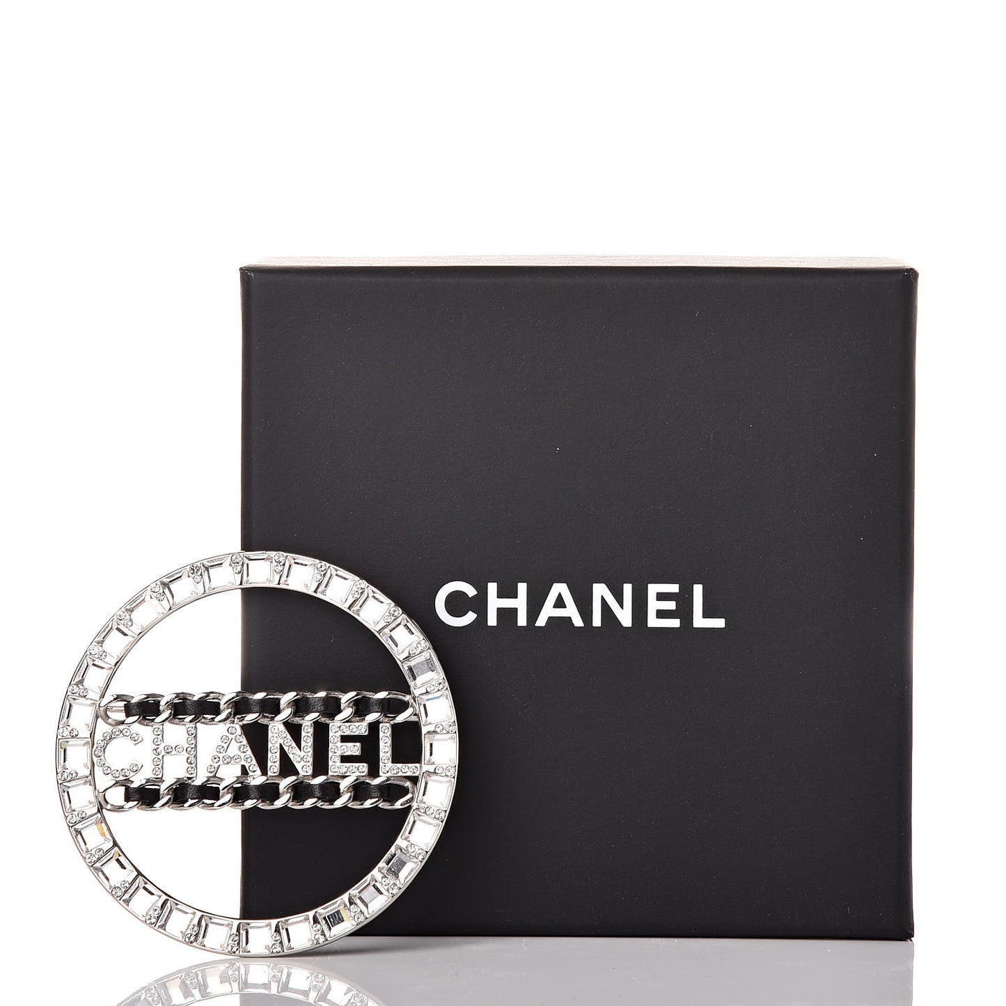 Lambskin Baguette Crystal Logo Brooch Black Silver