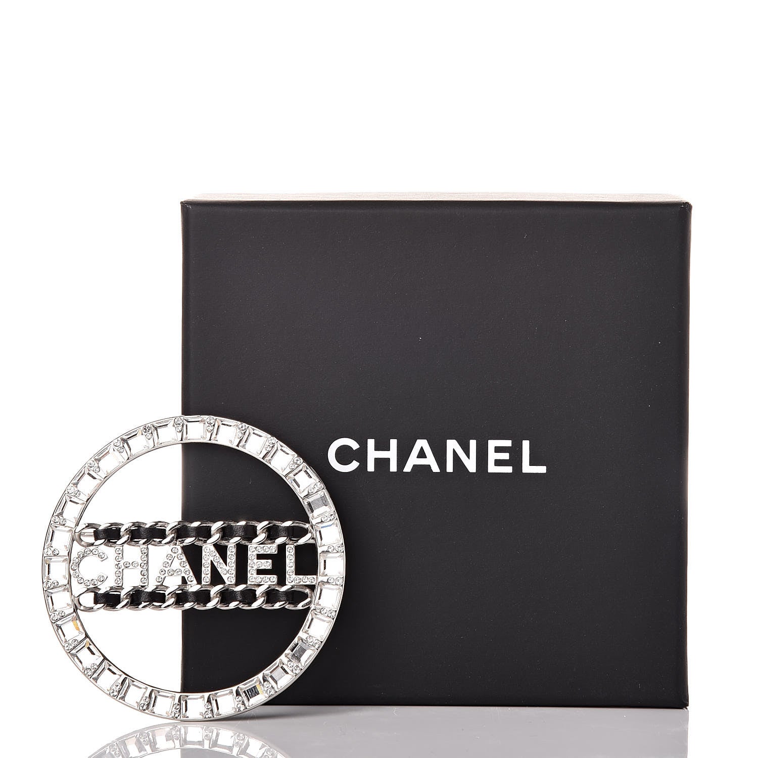 Chanel Lambskin Baguette Crystal Logo Brooch Black Silver 5 of 5