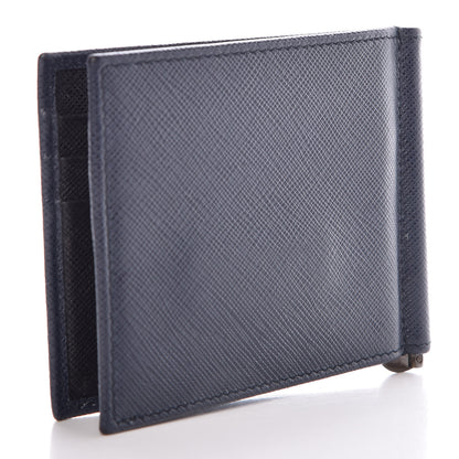 Prada Saffiano Bi-Color Money Clip Bi-Fold Wallet Baltico Black 3 of 7