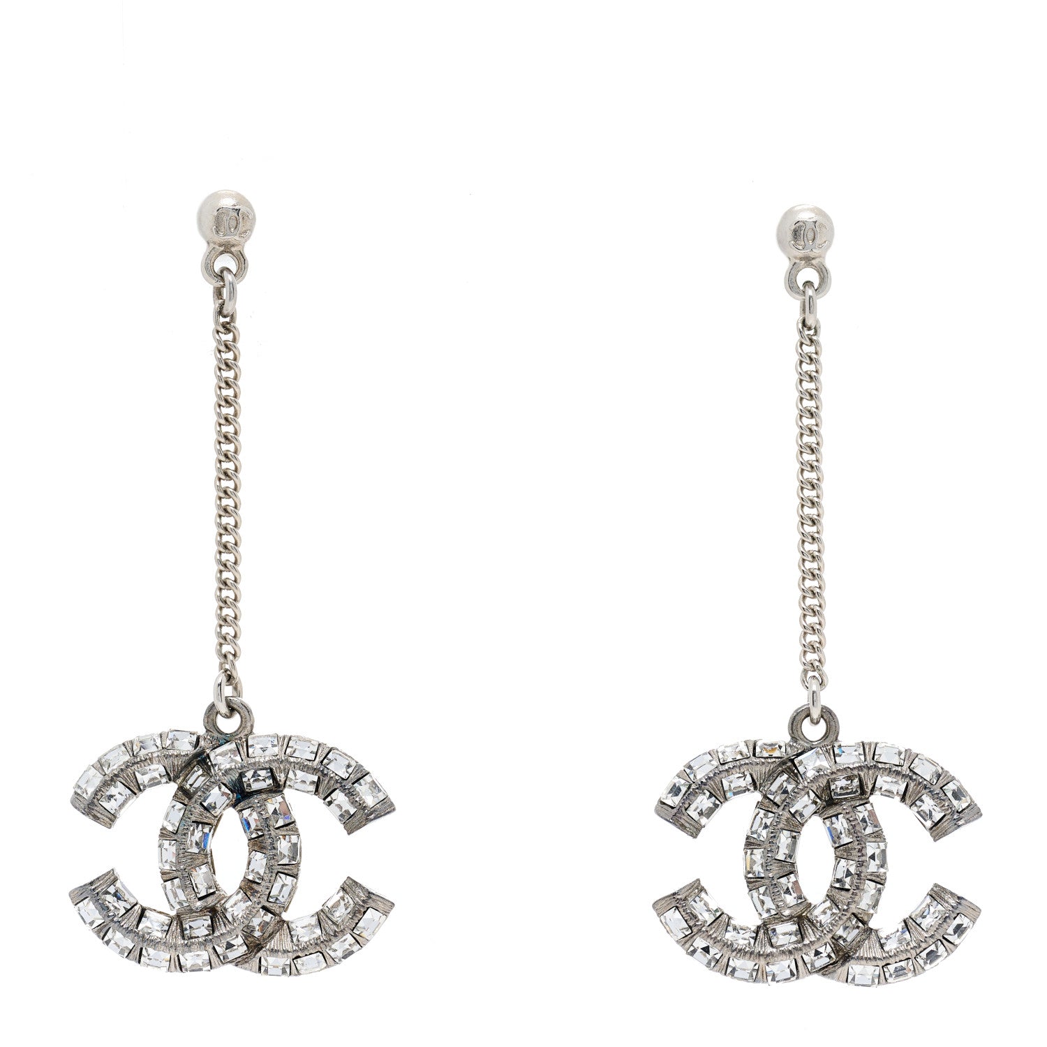 Chanel Baguette Crystal CC Drop Earrings Silver 1 of 3
