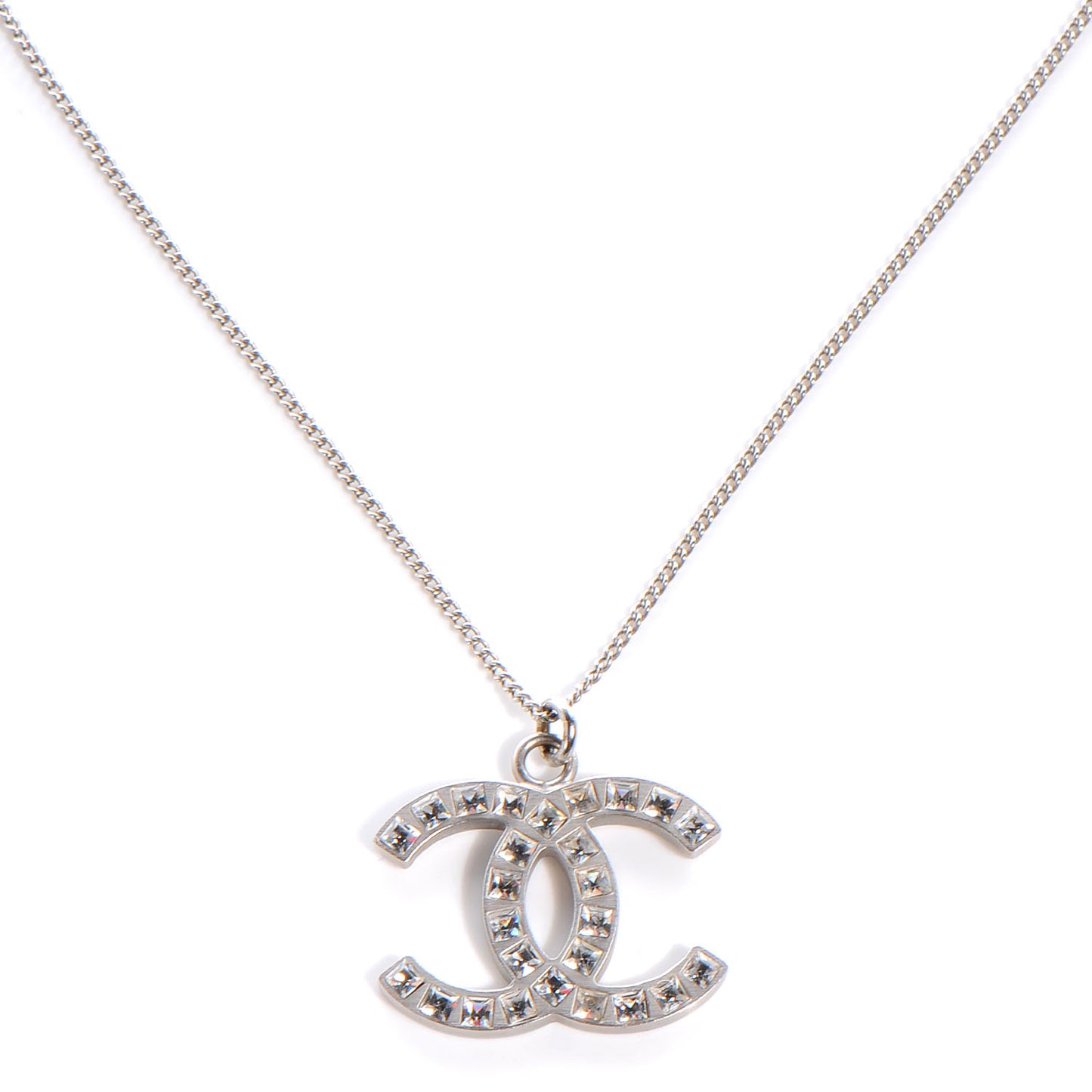 Crystal Studded CC Necklace Silver