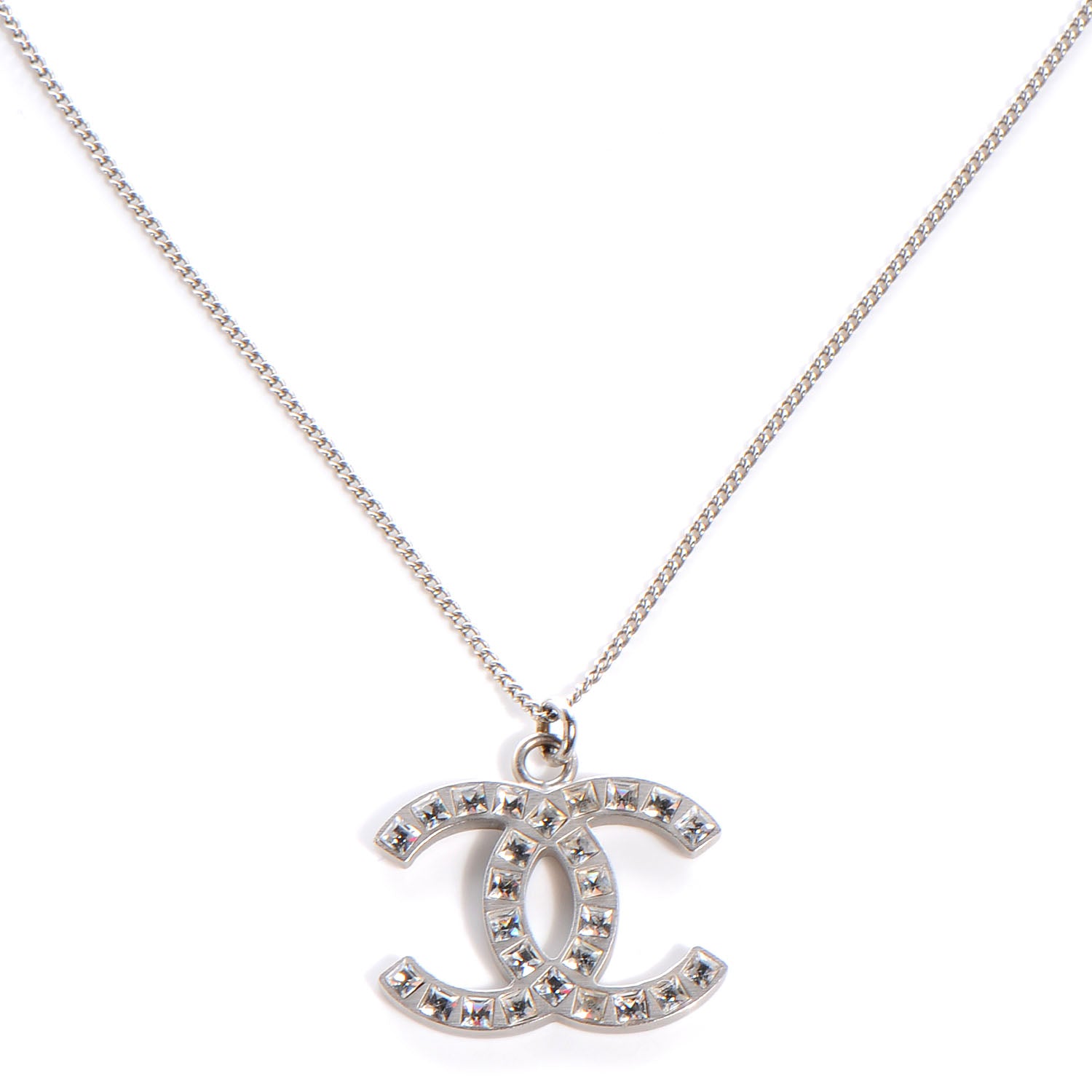 Chanel Crystal Studded CC Necklace Silver 1 of 4