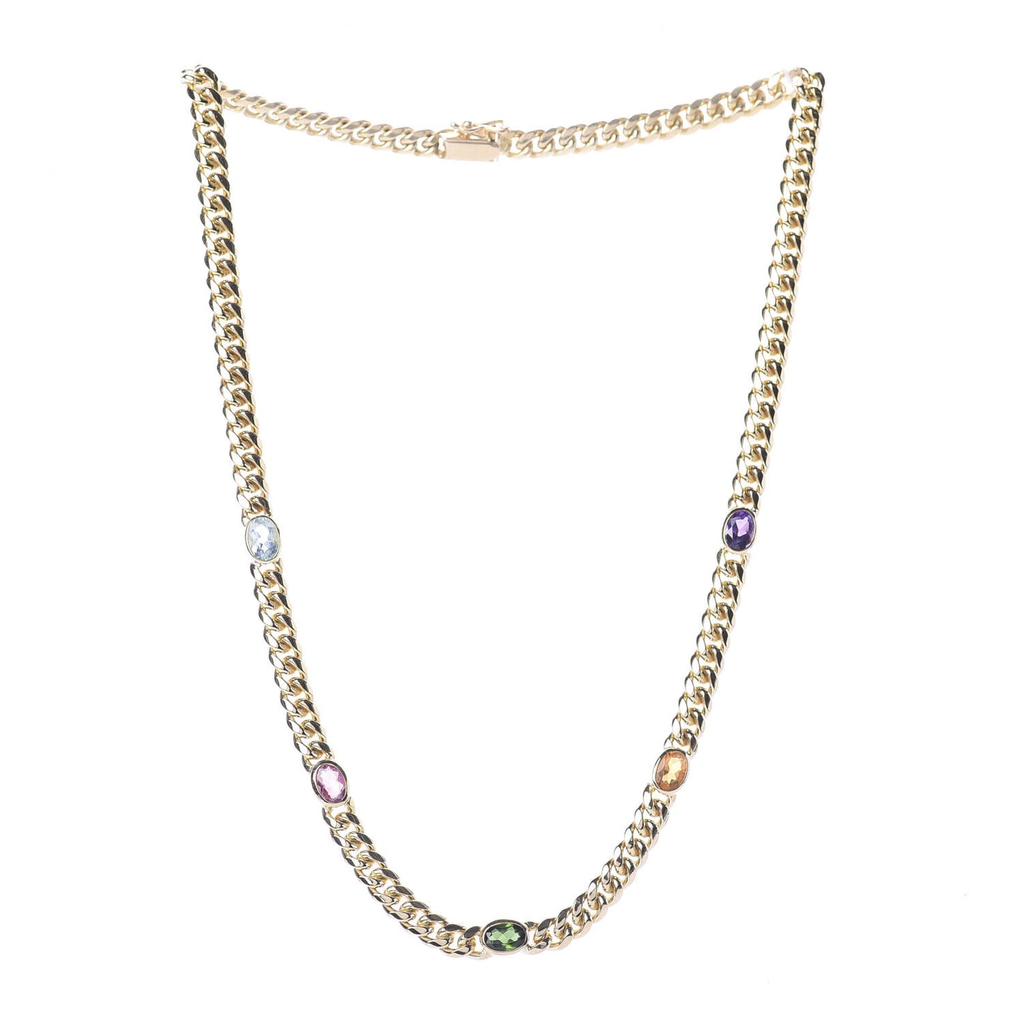 18K Yellow Gold Amethyst Citrine Tourmaline Aquamarine Link Chain Necklace
