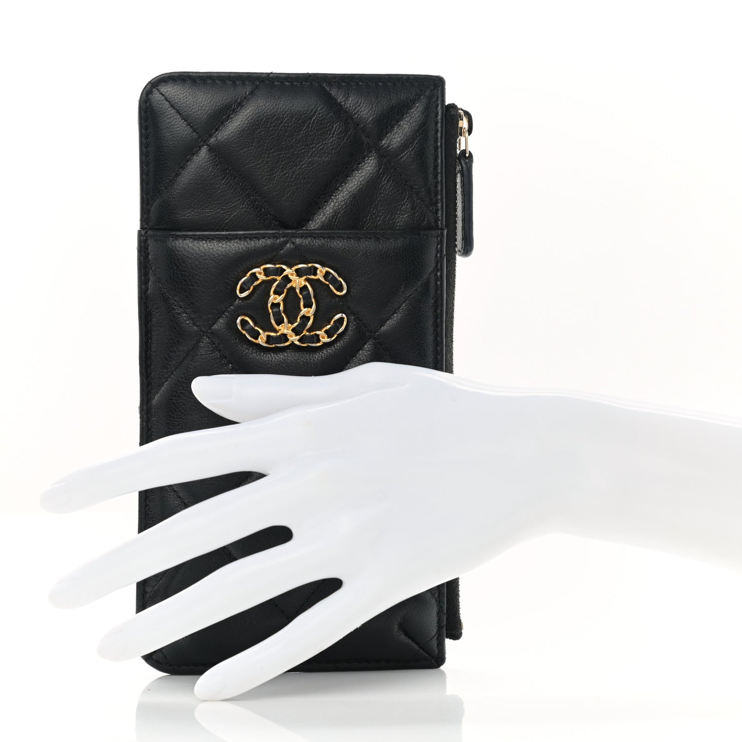 Lambskin Quilted Chanel 19 Phone and Card Holder Black