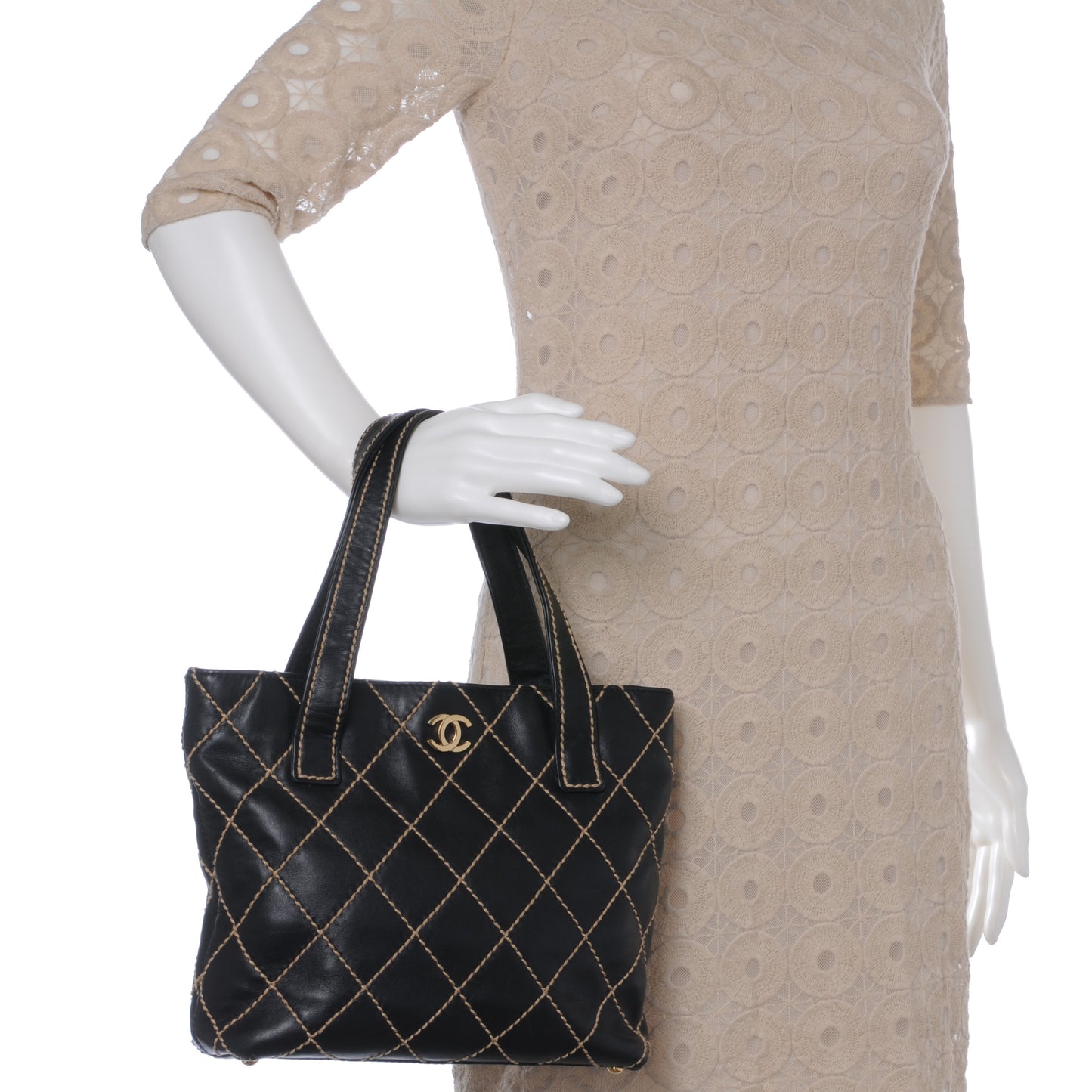 Leather Contrast Stitch Surpique Tote Black