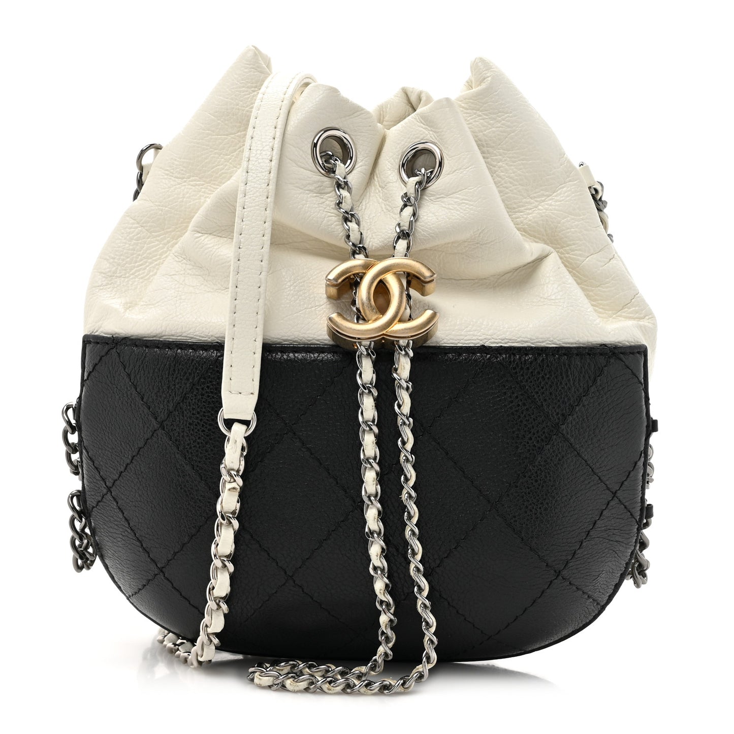 Aged Calfskin Quilted Small Gabrielle Bucket White Black