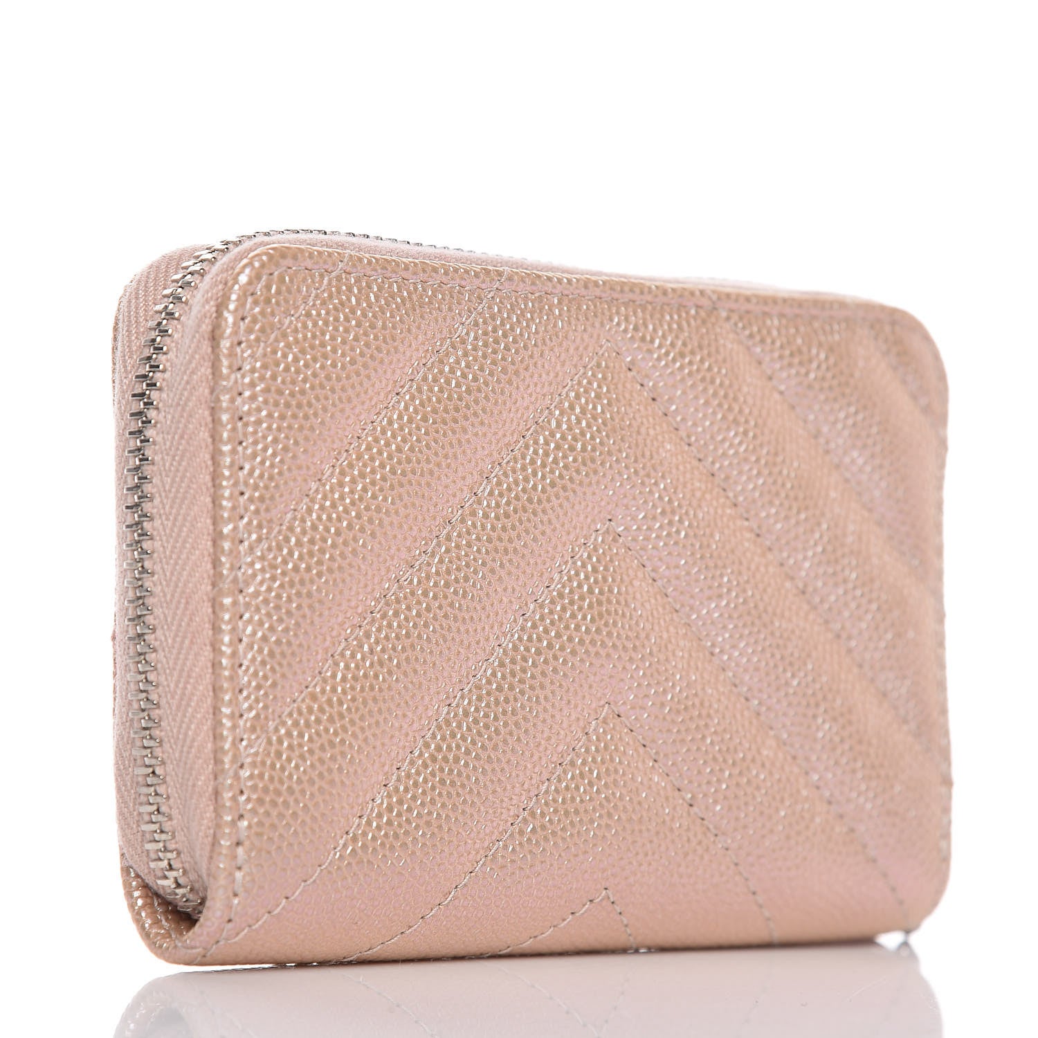 Chanel Metallic Caviar Chevron Quilted Zip Around Coin Purse Light Gold 3 of 10