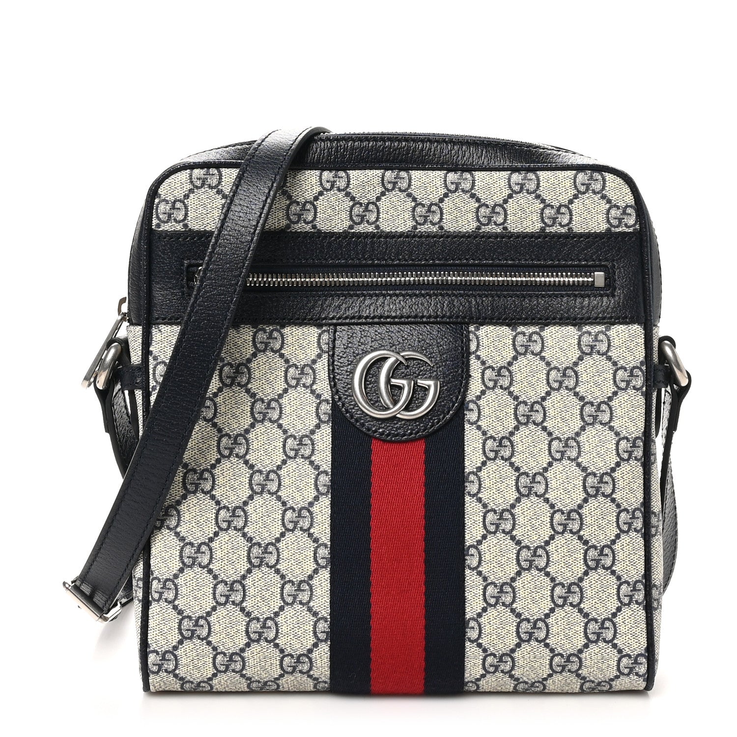 Gucci GG Supreme Monogram Textured Dollar Calfskin Web Small Ophidia Messenger Bag Beige Blue 1 of 10