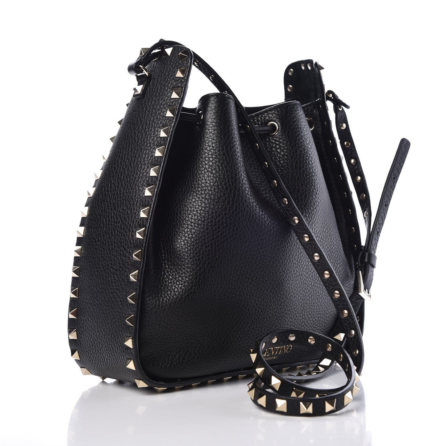 Grained Calfskin Rockstud Bucket Bag Black