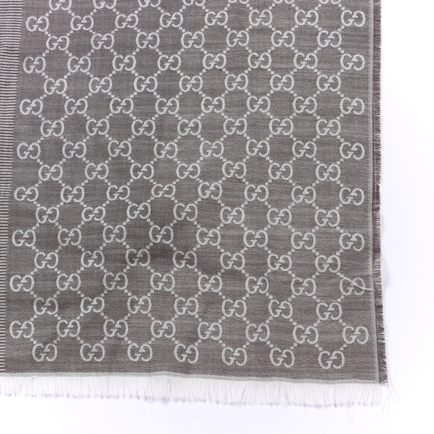 Wool Silk GG Monogram GGWeblong Fringe Scarf Shawl Pearl Medium Grey