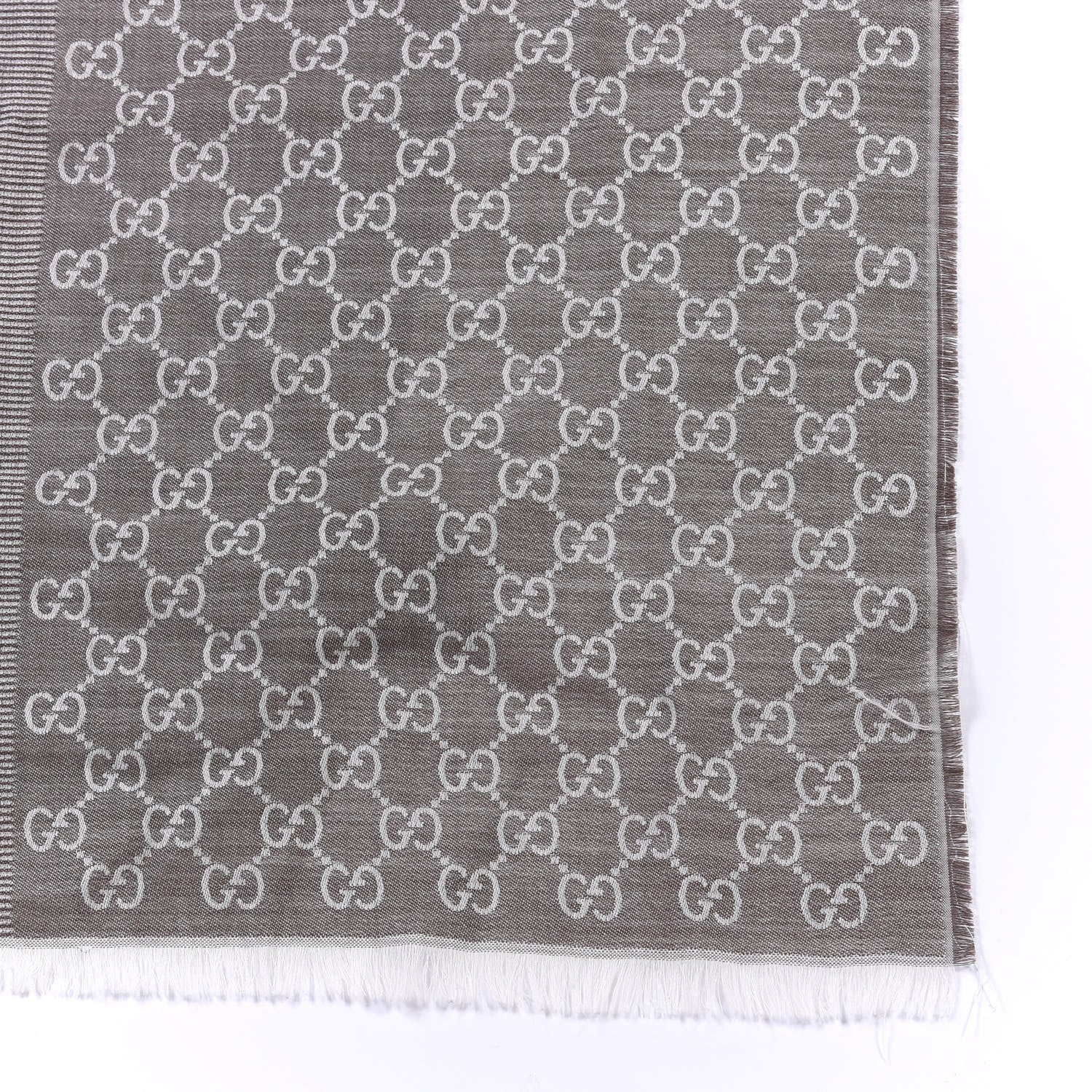 Gucci Wool Silk GG Monogram GGWeblong Fringe Scarf Shawl Pearl Medium Grey 2 of 4