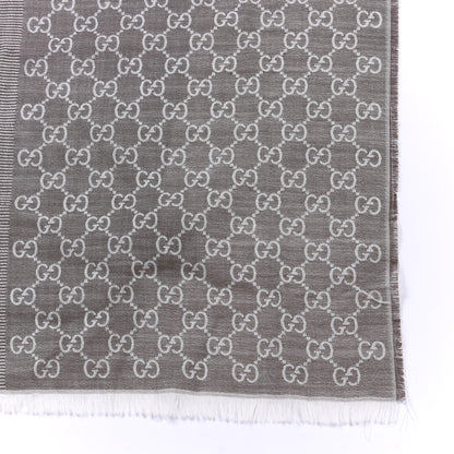 Gucci Wool Silk GG Monogram GGWeblong Fringe Scarf Shawl Pearl Medium Grey 2 of 4
