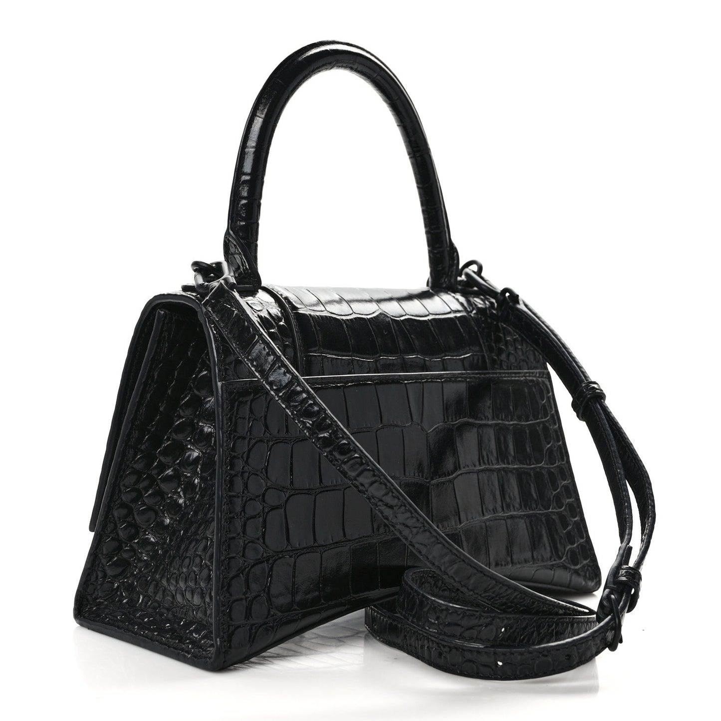 Shiny Calfskin Monochrome Crocodile Embossed Small Hourglass Top Handle Bag Black