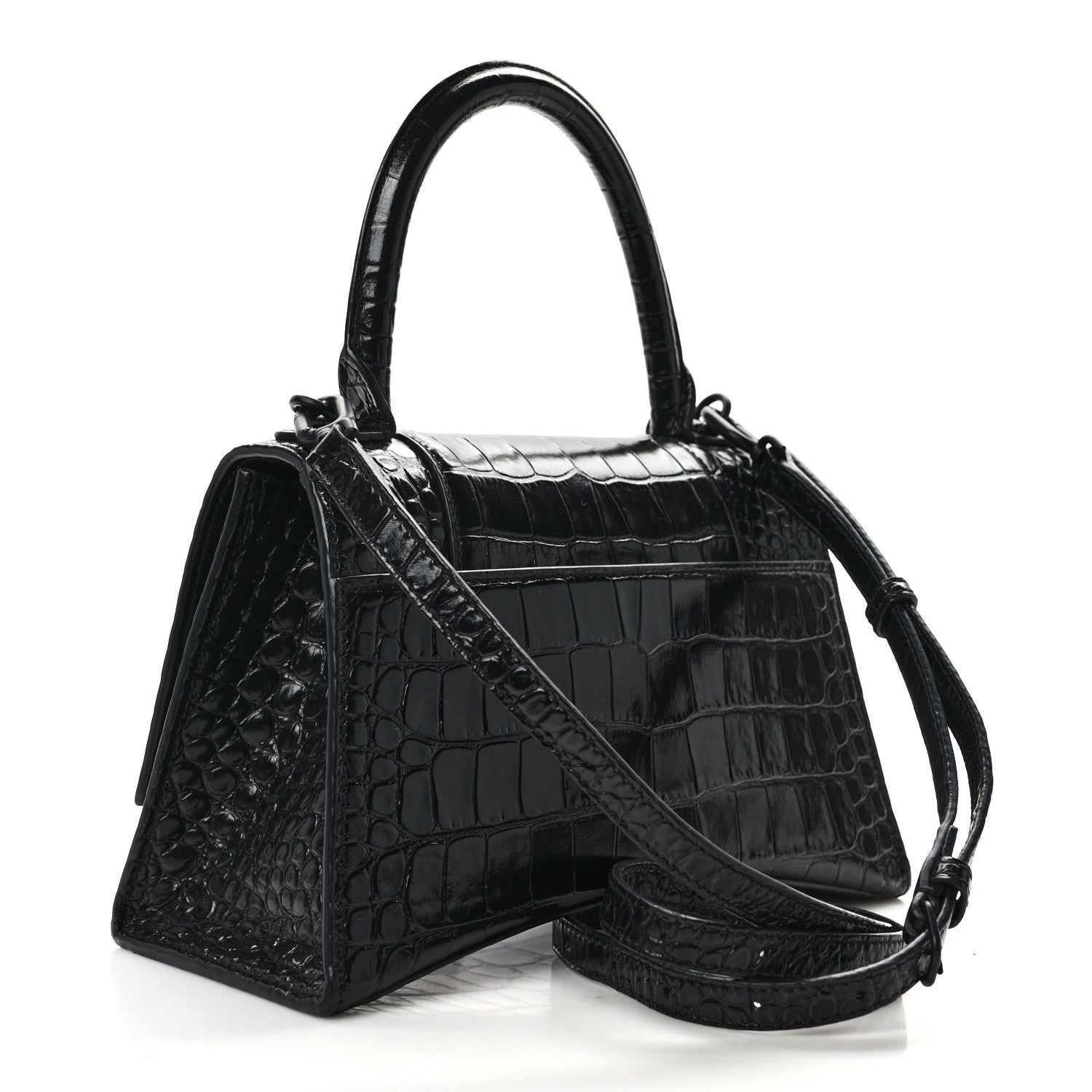 Balenciaga Shiny Calfskin Monochrome Crocodile Embossed Small Hourglass Top Handle Bag Black 3 of 14
