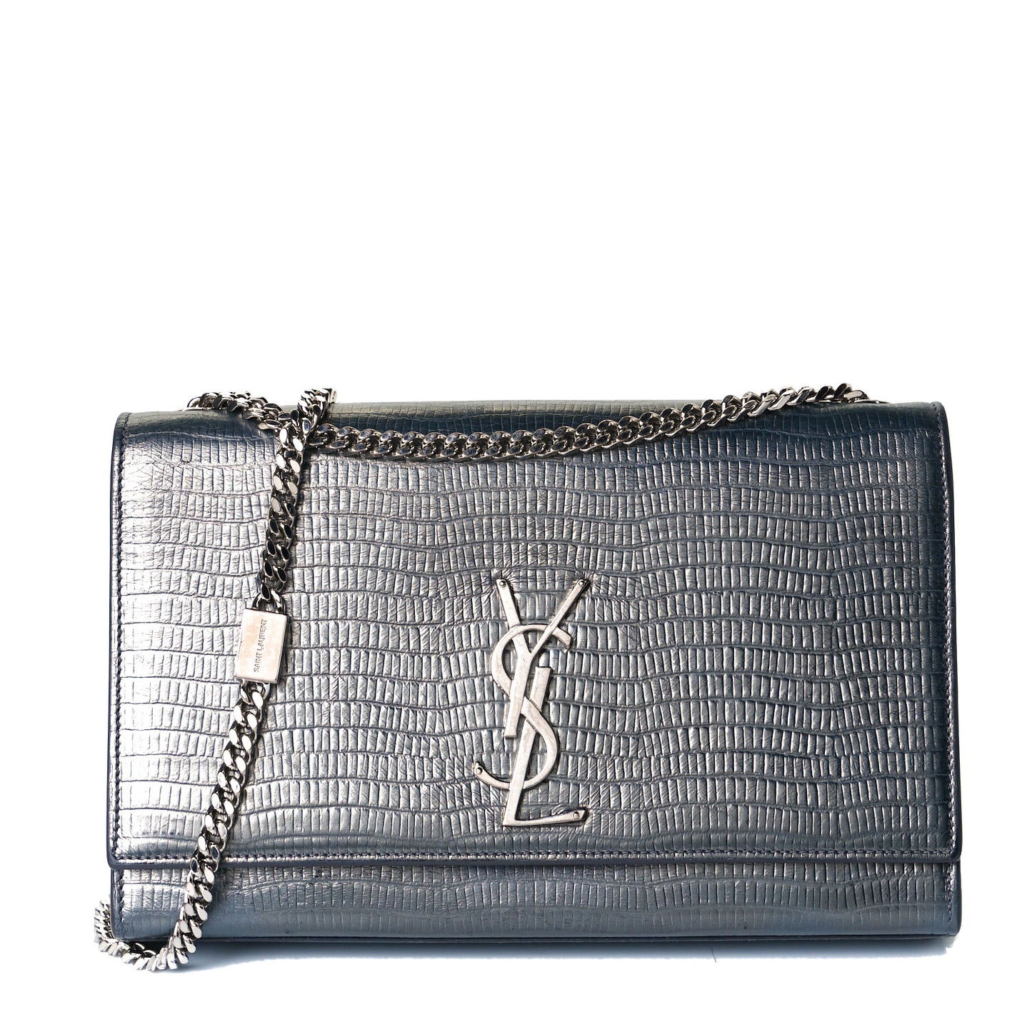 Calfskin Crocodile Embossed Medium Classic Monogram Kate Tassel Satchel Fog