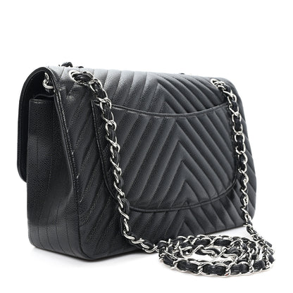 Chanel Caviar Chevron Quilted Jumbo Double Flap Black 3 of 10