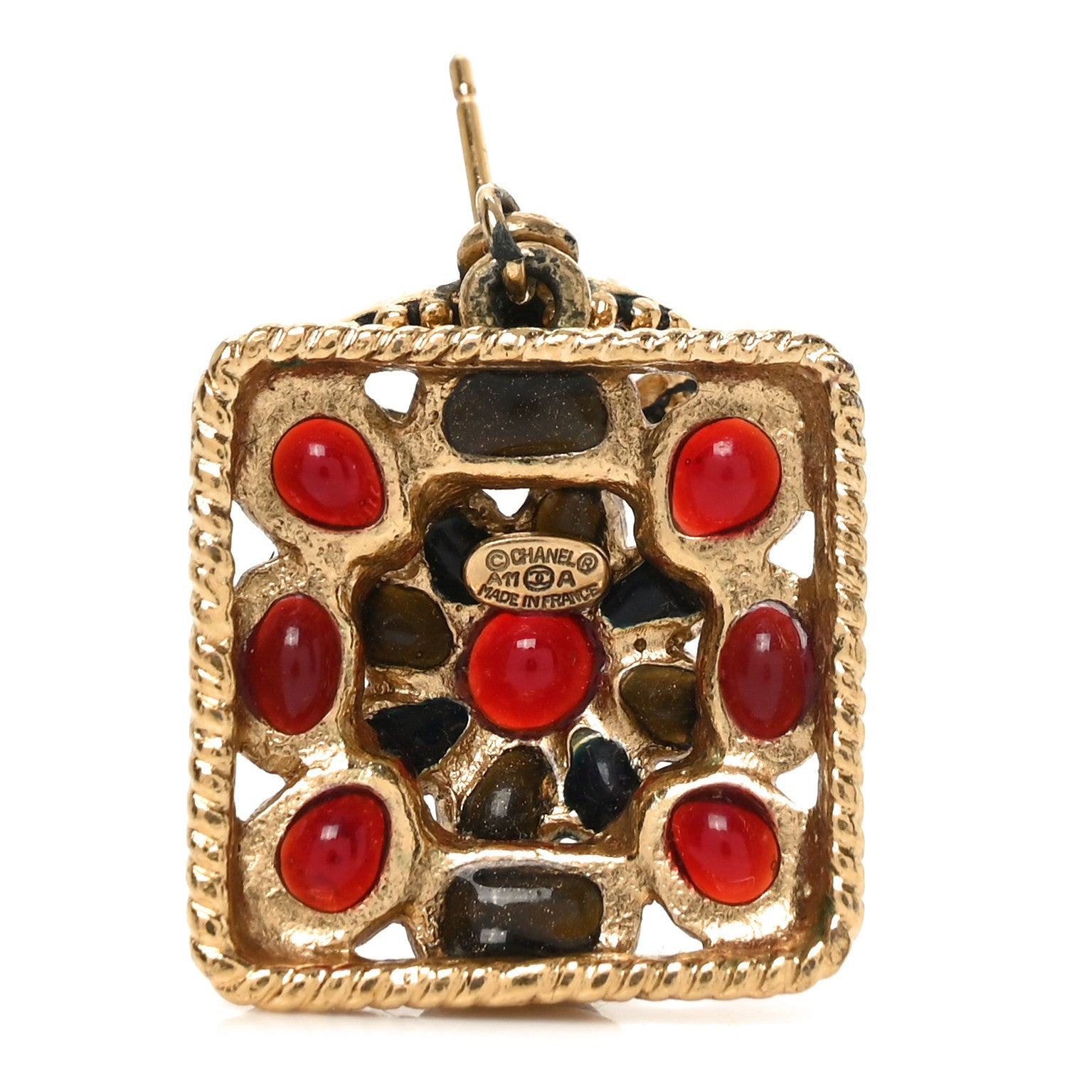 Chanel Gripoix Poured Glass Square CC Drop Earrings Red Blue Gold 4 of 4