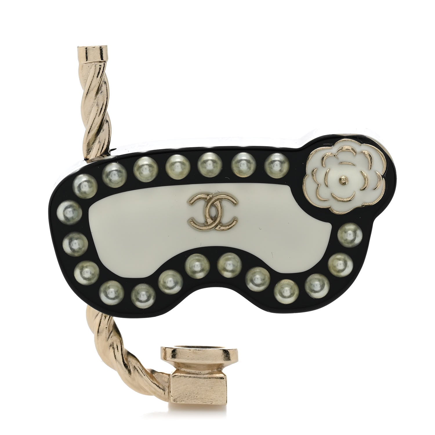 Chanel Resin Pearl Snorkeling CC Brooch Black White Gold 1 of 4