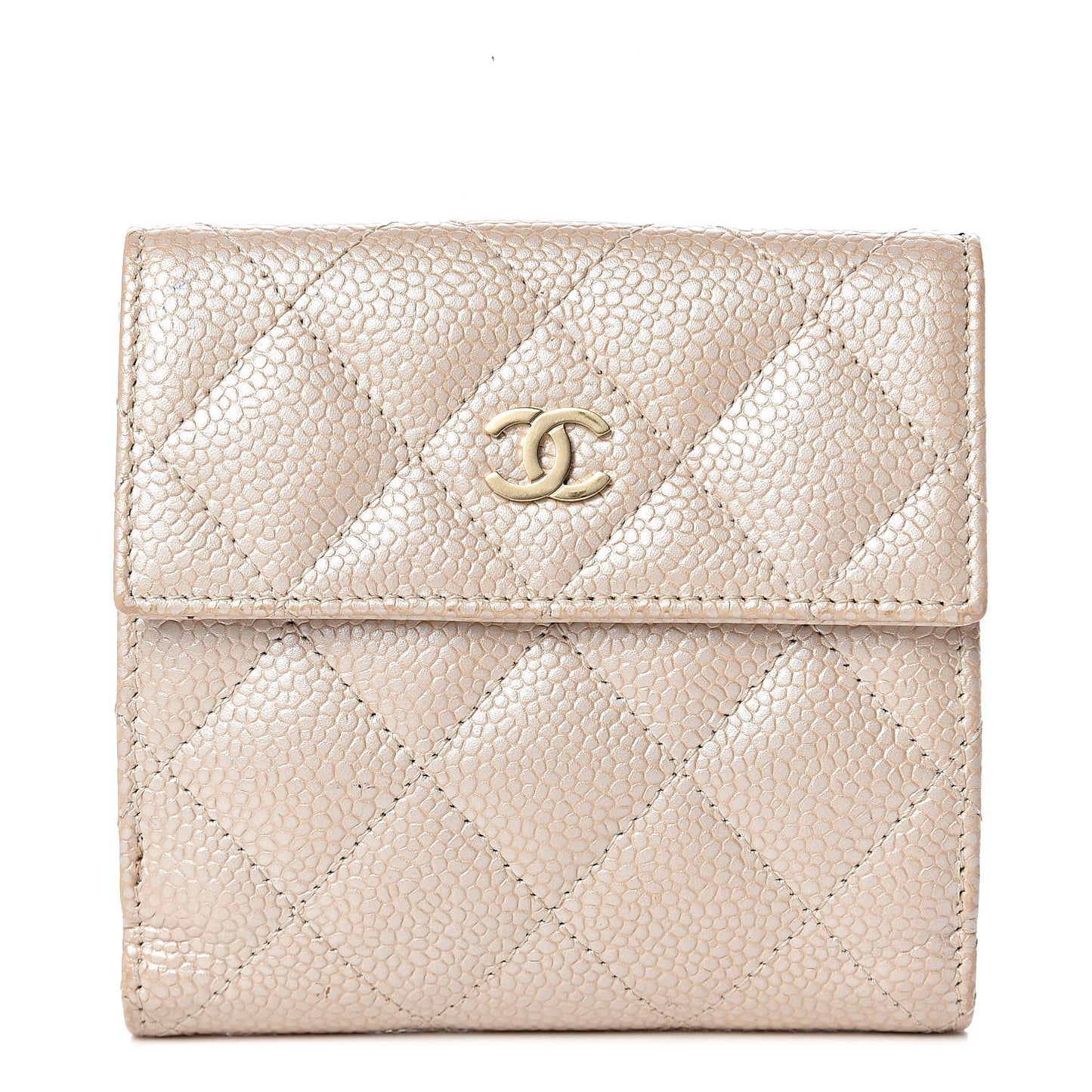 Metallic Caviar Quilted Compact French Flap Wallet Beige