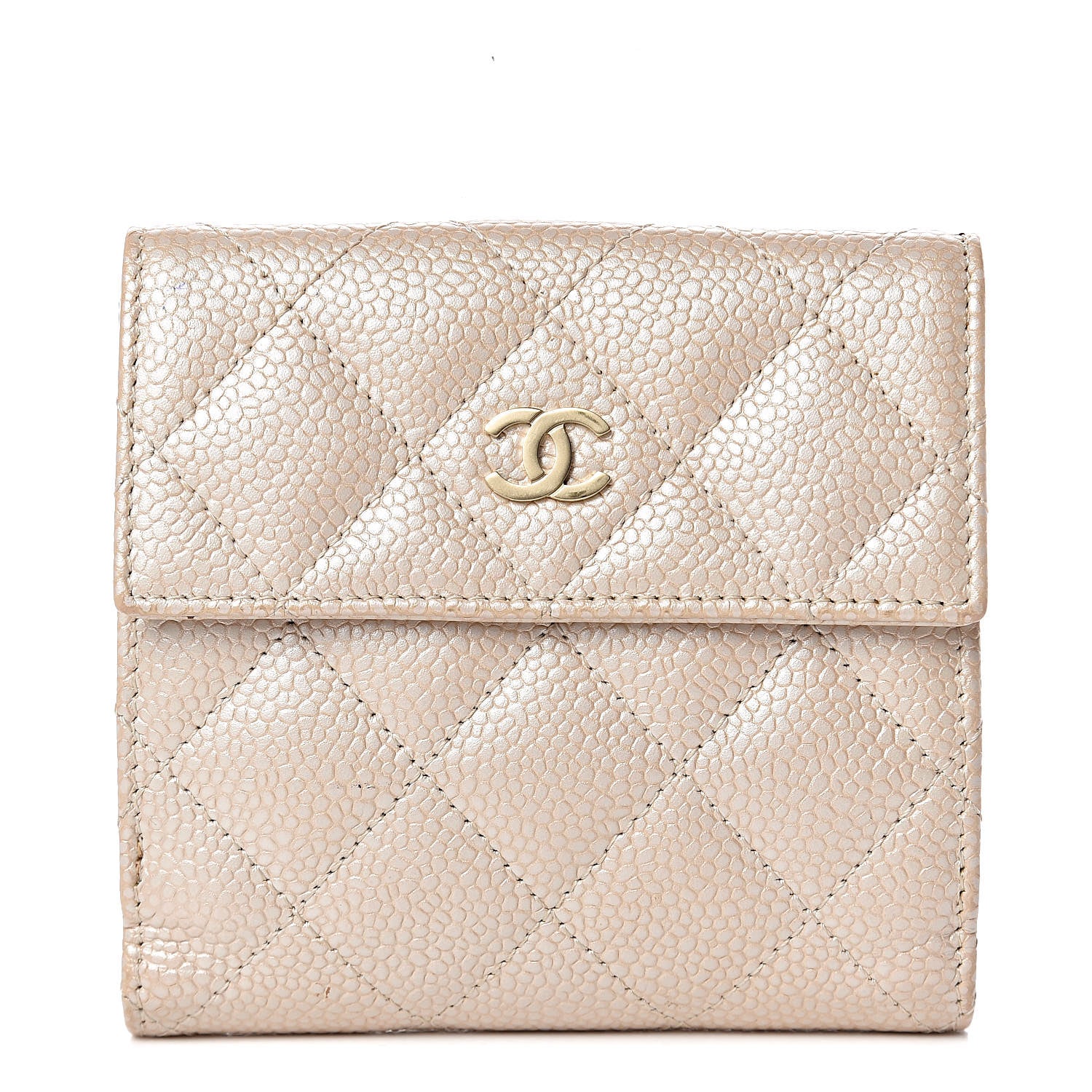 Chanel Metallic Caviar Quilted Compact French Flap Wallet Beige 1 of 9