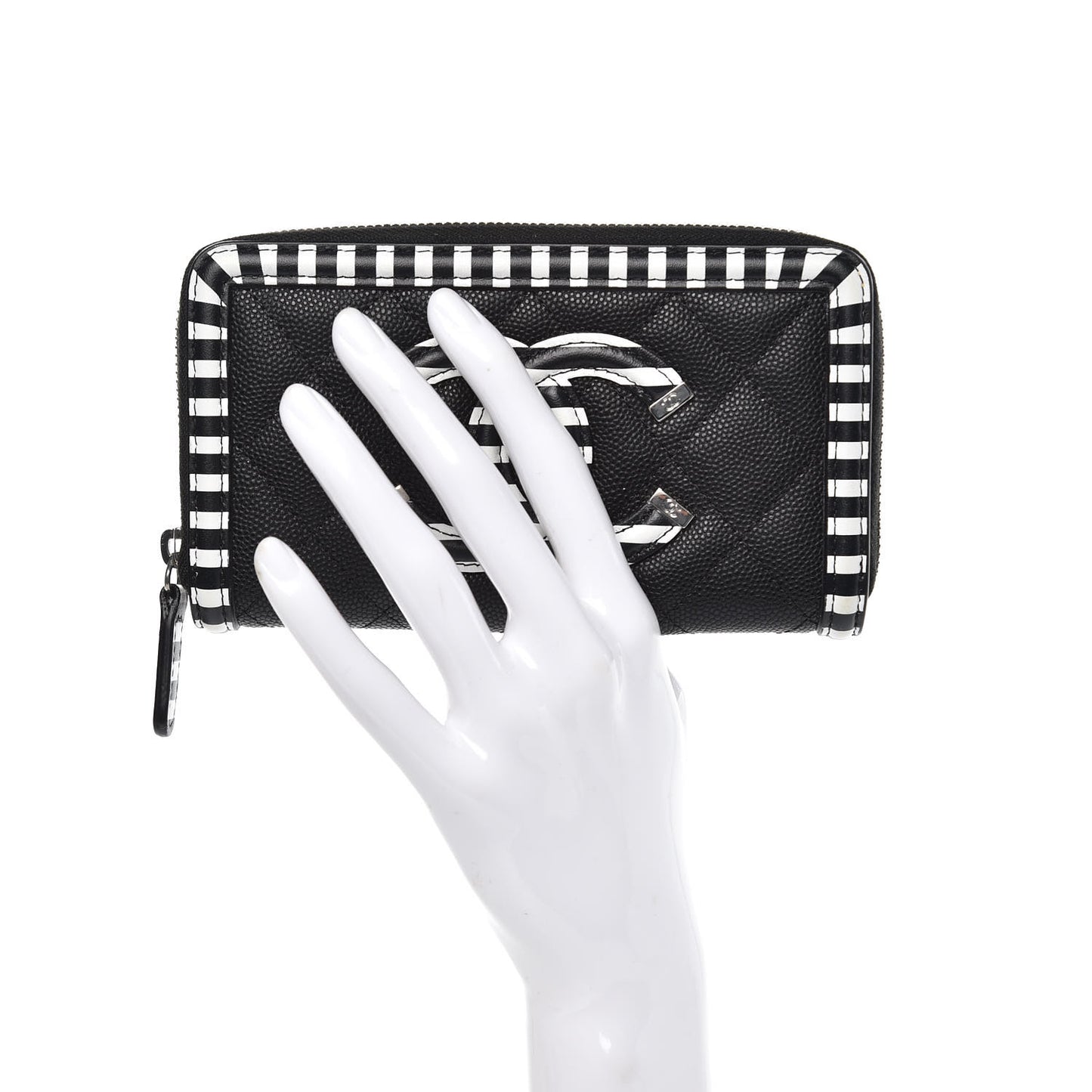 Caviar Quilted Stripe Filigree Zip Wallet Black White