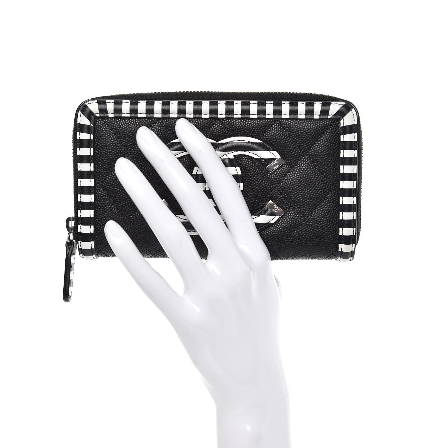 Chanel Caviar Quilted Stripe Filigree Zip Wallet Black White 2 of 10