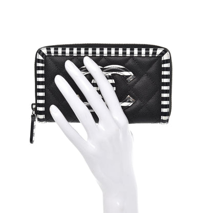 Chanel Caviar Quilted Stripe Filigree Zip Wallet Black White 2 of 10