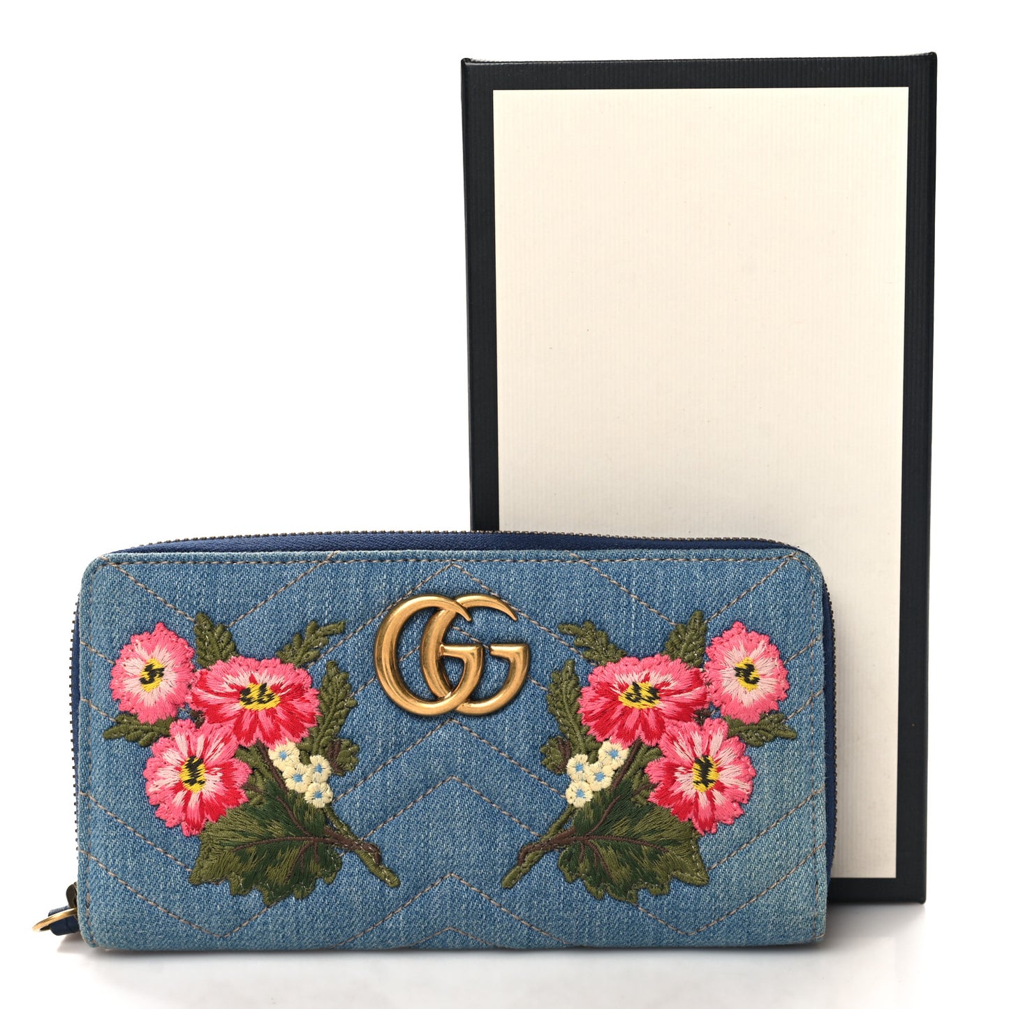 Denim Matelasse Floral Embroidered GG Marmont Zip Around Wallet Blue