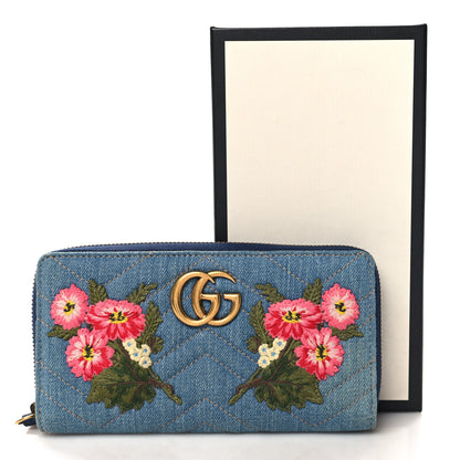 Gucci Denim Matelasse Floral Embroidered GG Marmont Zip Around Wallet Blue 8 of 8