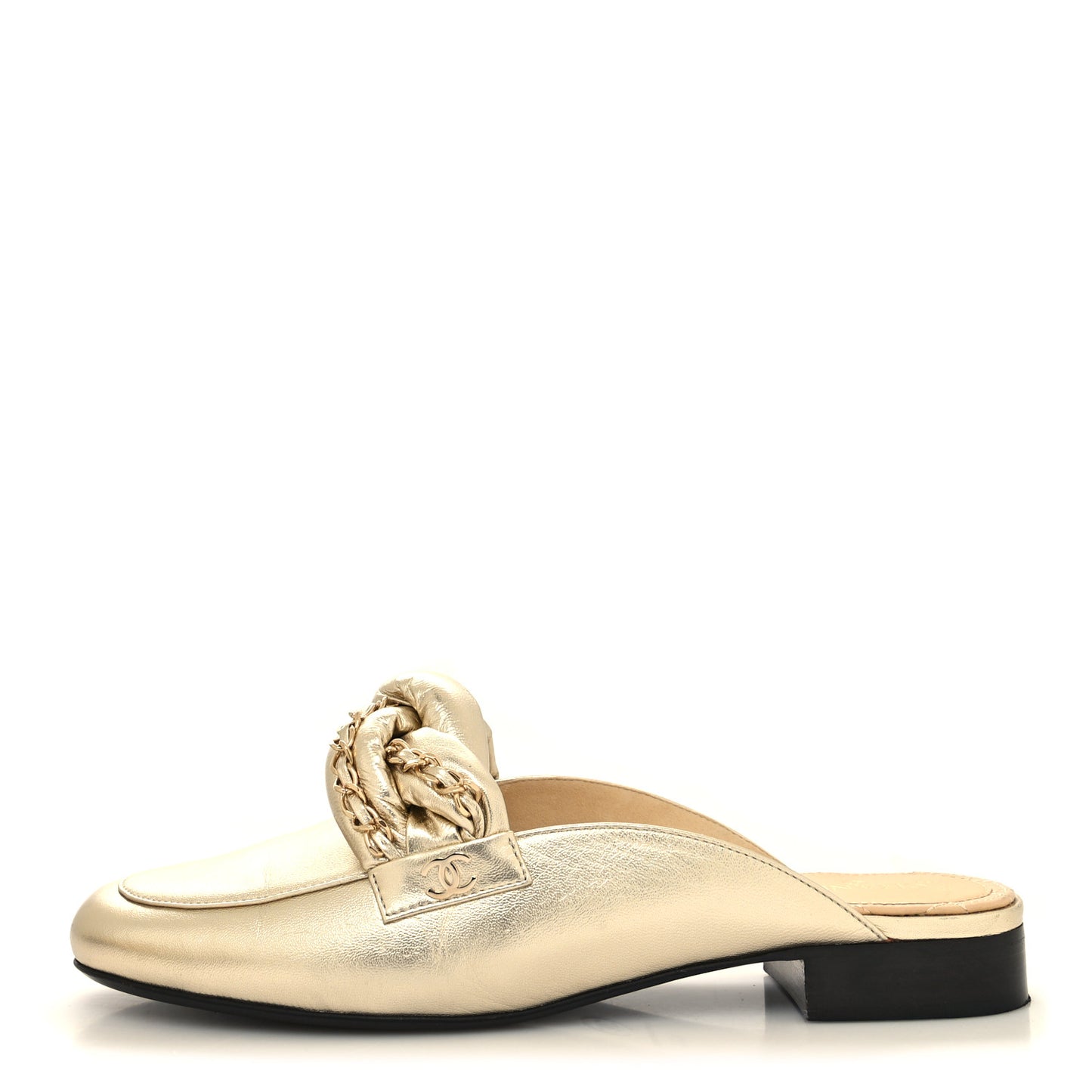 Metallic Lambskin Chain Braided Mules 40.5 Light Gold