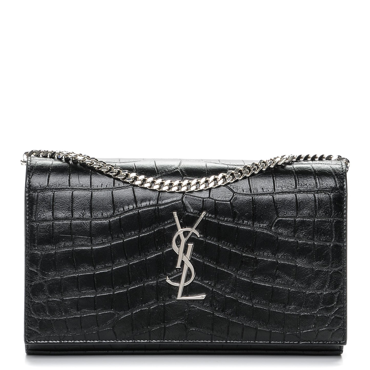 Calfskin Crocodile Embossed Monogram Chain Wallet Nero Black