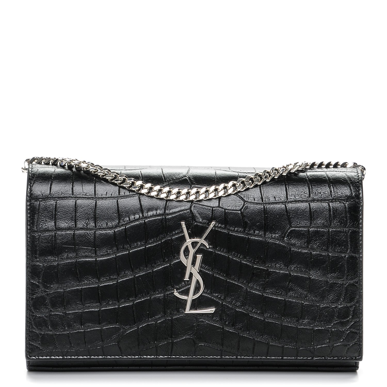 Saint Laurent Calfskin Crocodile Embossed Monogram Chain Wallet Nero Black 1 of 8