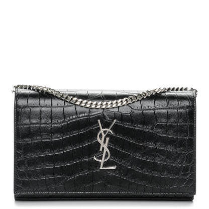 Saint Laurent Calfskin Crocodile Embossed Monogram Chain Wallet Nero Black 1 of 8