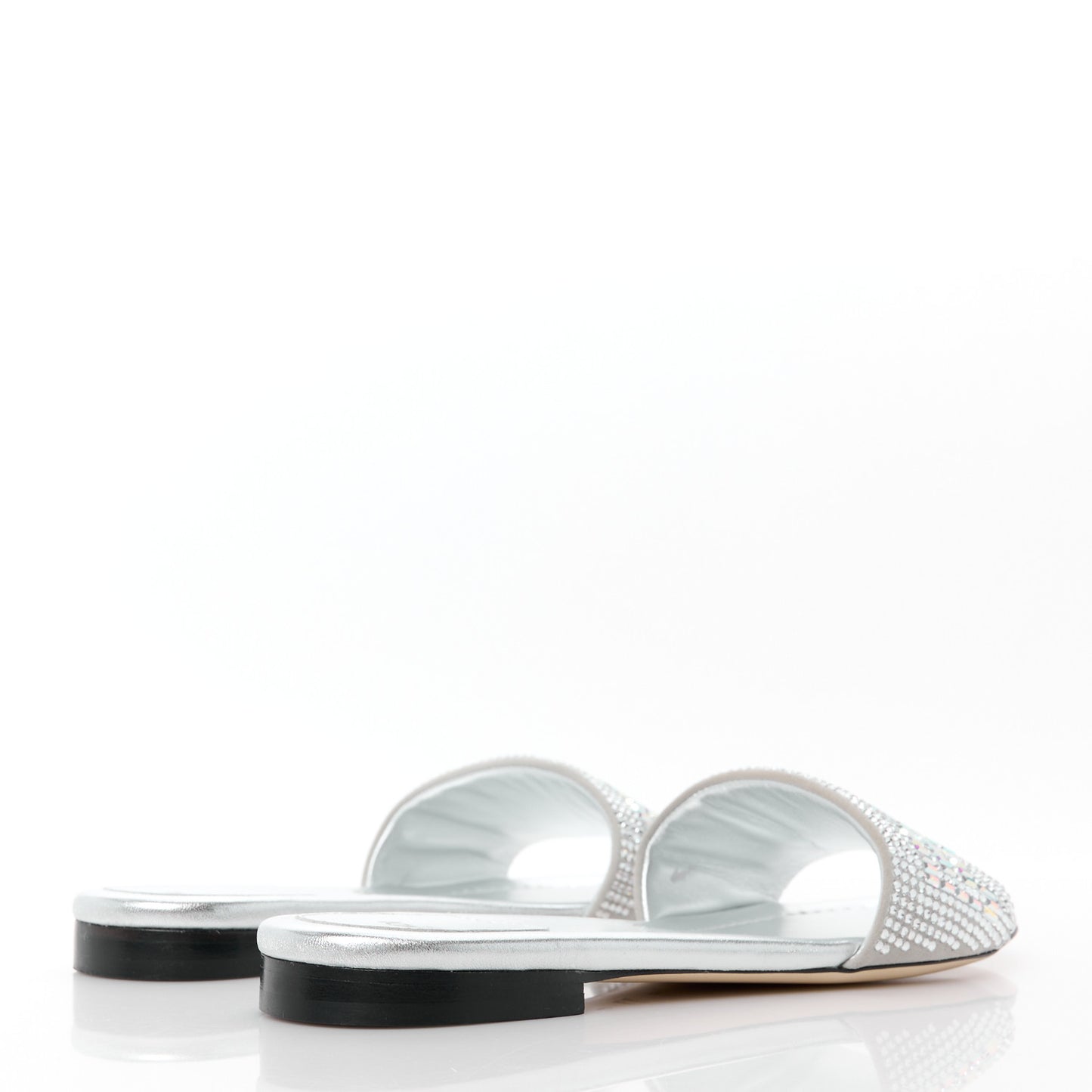 Laminated Goatskin Baguette Crystal Embroidered Signature Flat Slide Sandals 39 Silver