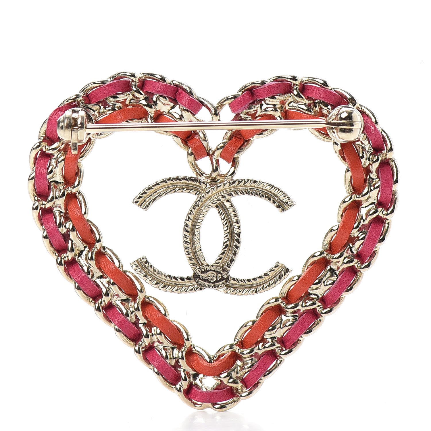 Chanel Metal Calfskin Braided Heart CC Brooch Pink Red Gold 3 of 4