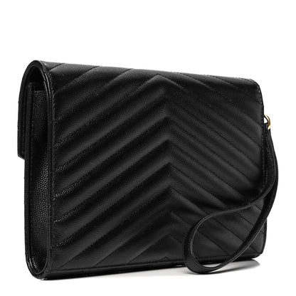 Saint Laurent Grain De Poudre Matelasse Chevron Monogram Envelope Clutch Black 2 of 5