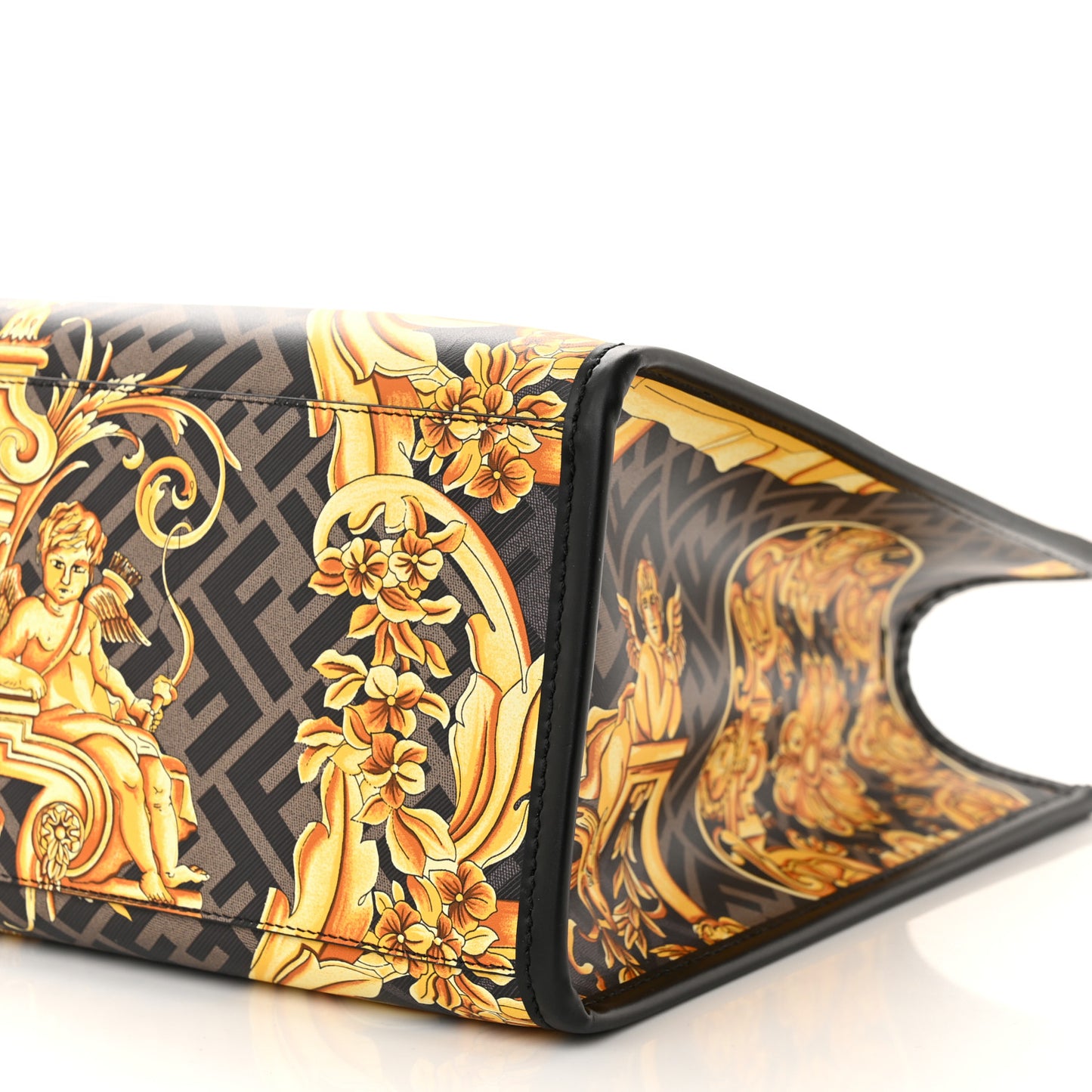 X VERSACE Calfskin Plexiglass Fendace FF Baroque Print Medium Fendi Sunshine Shopper Tote Black Gold