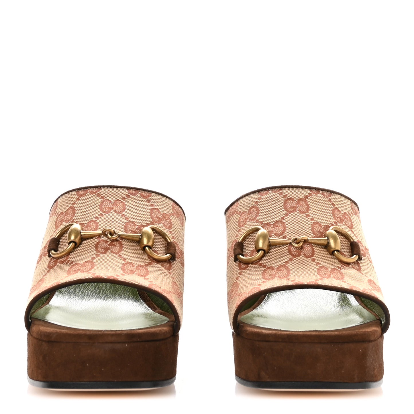 GG Monogram Kid Scamosciato Houdan Mid Heel Platform Slide Sandals 39 Beige Ruggine Maroon