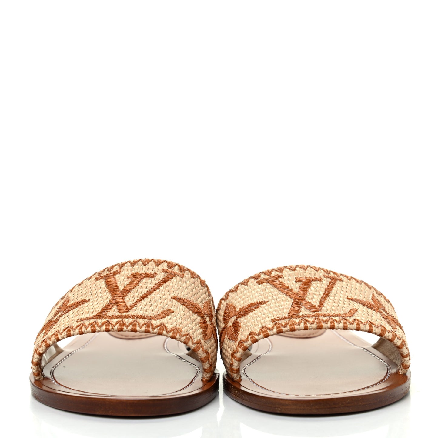 Raffia Calfskin Monogram Lock It Flat Mules 36 Cognac Brown