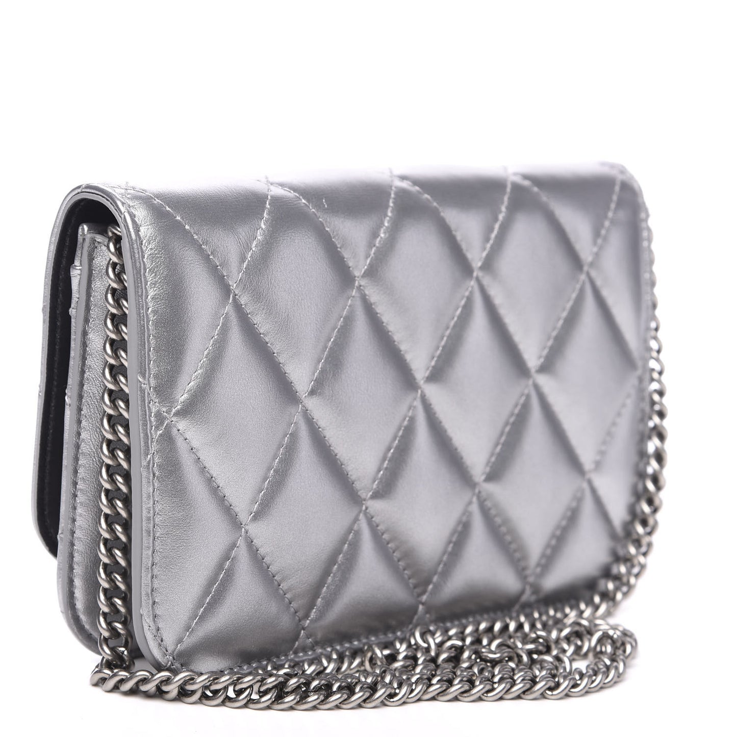 Metallic Calfskin Quilted Touch B Wallet On Chain Silver