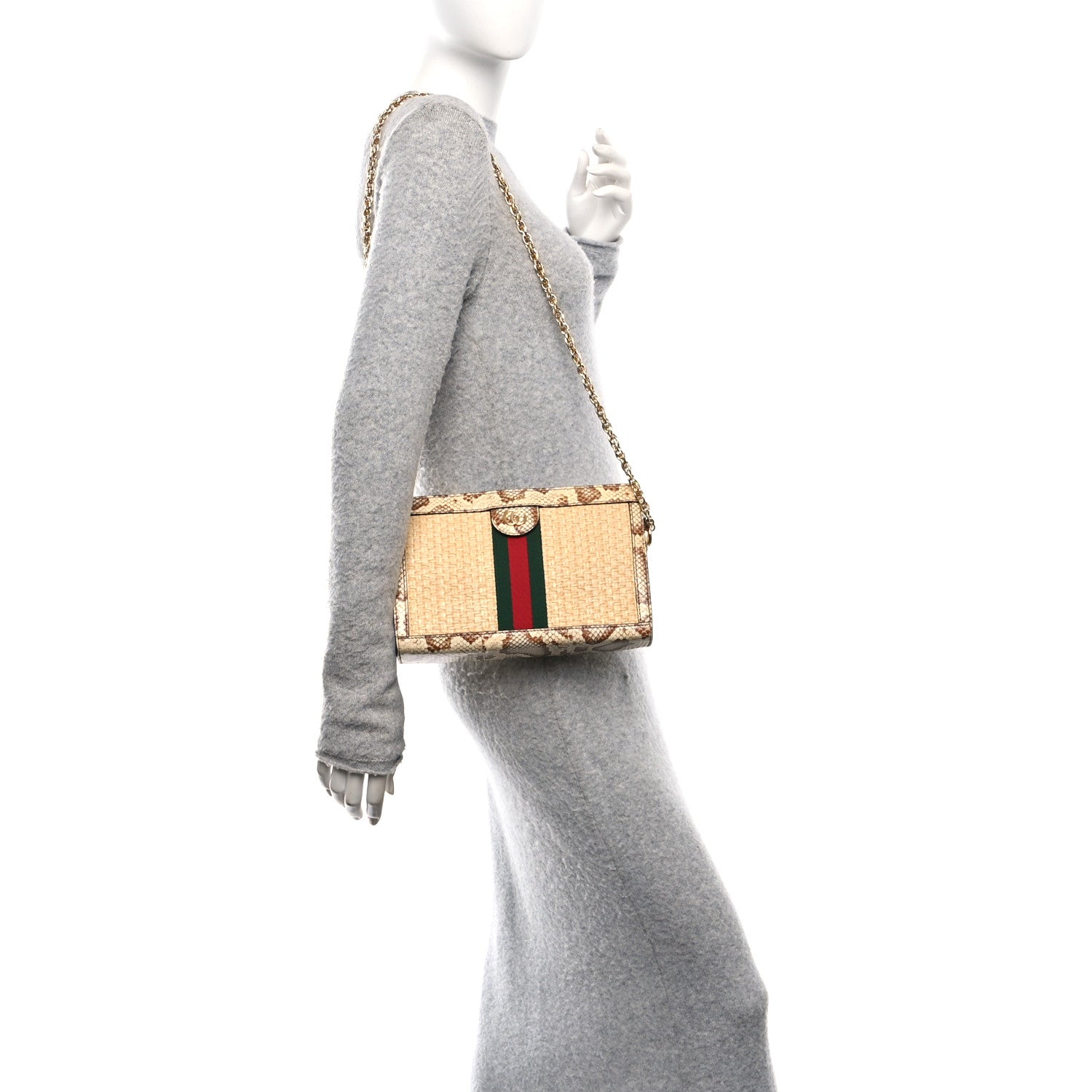 Gucci Raffia Elaphe GG Small Ophidia Chain Shoulder Bag Natural Cream Brown 2 of 10