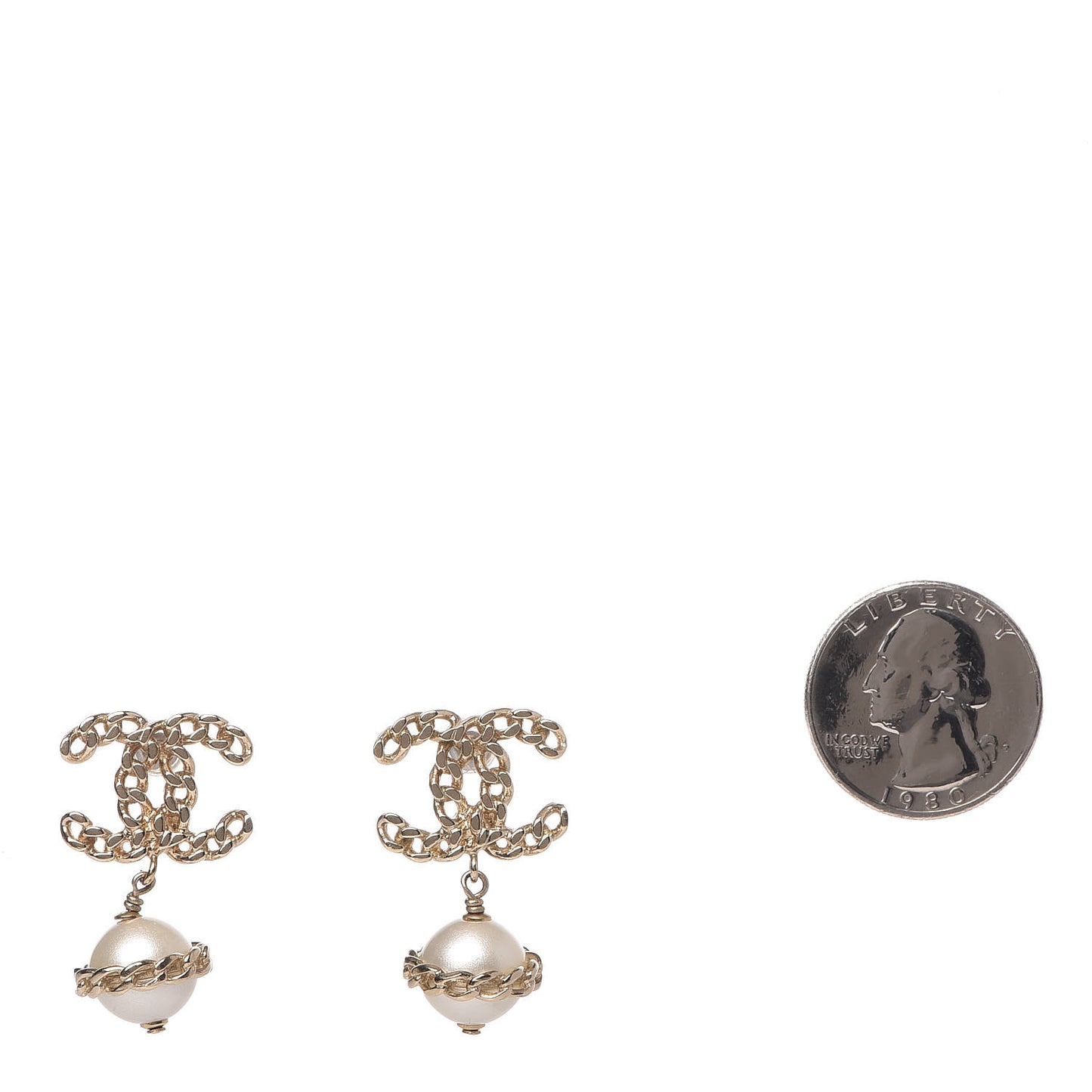 Chain Pearl CC Drop Earrings Gold