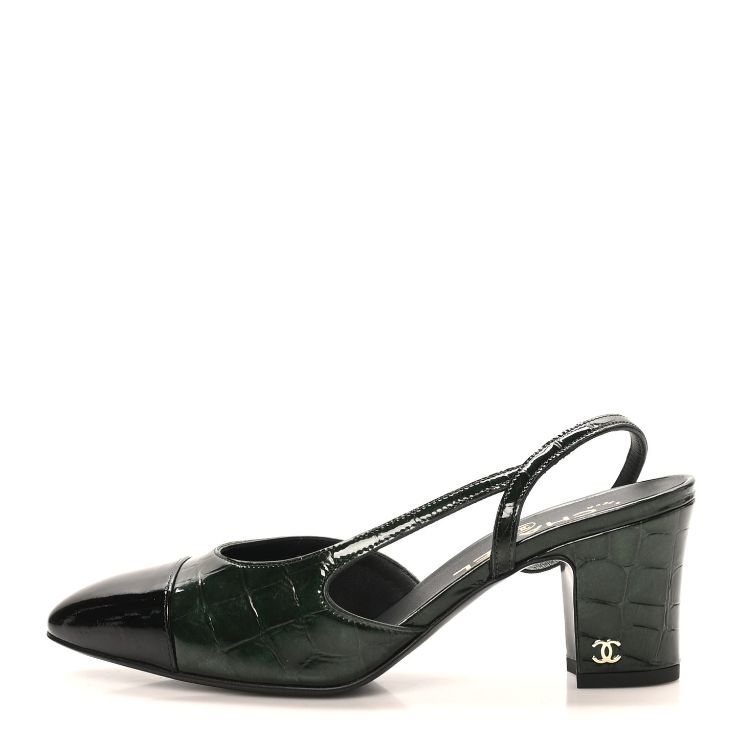 Patent Calfskin Crocodile Embossed Cap Toe CC Slingback Pumps 36.5 Dark Green Black