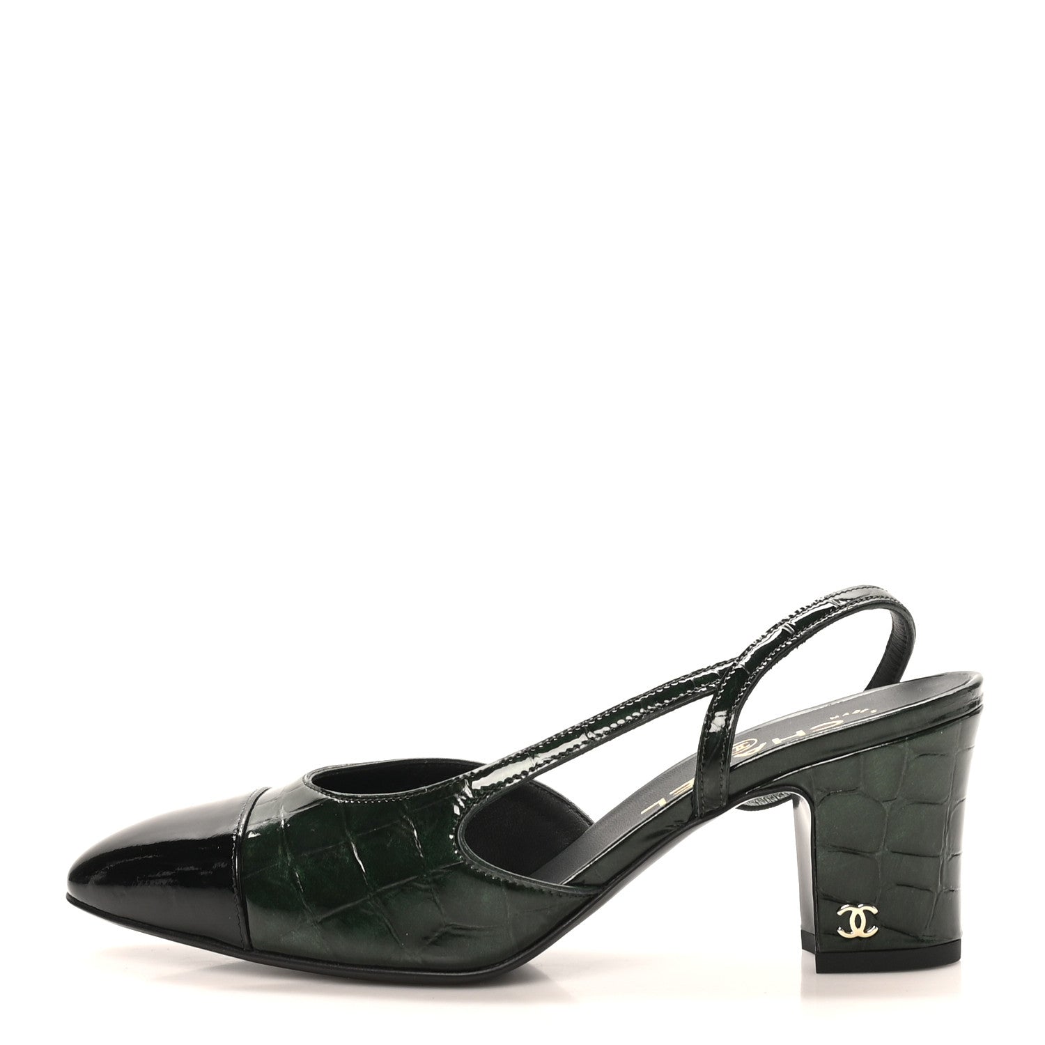 Chanel Patent Calfskin Crocodile Embossed Cap Toe CC Slingback Pumps 36.5 Dark Green Black 1 of 10