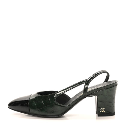 Chanel Patent Calfskin Crocodile Embossed Cap Toe CC Slingback Pumps 36.5 Dark Green Black 1 of 10