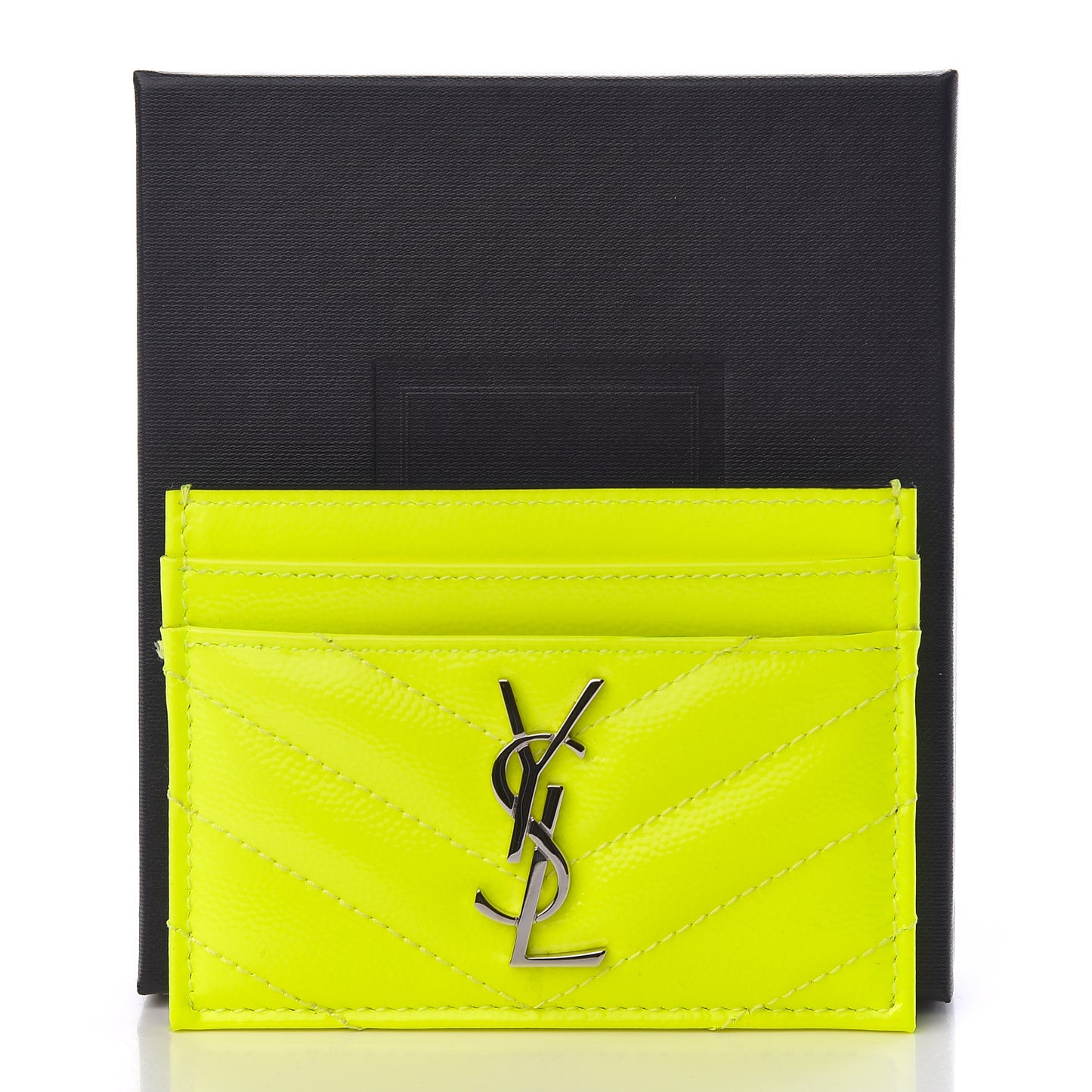 Patent Grain De Poudre Matelasse Chevron Monogram Credit Card Case Neon Yellow