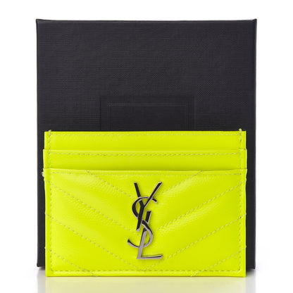 Saint Laurent Patent Grain De Poudre Matelasse Chevron Monogram Credit Card Case Neon Yellow 9 of 9