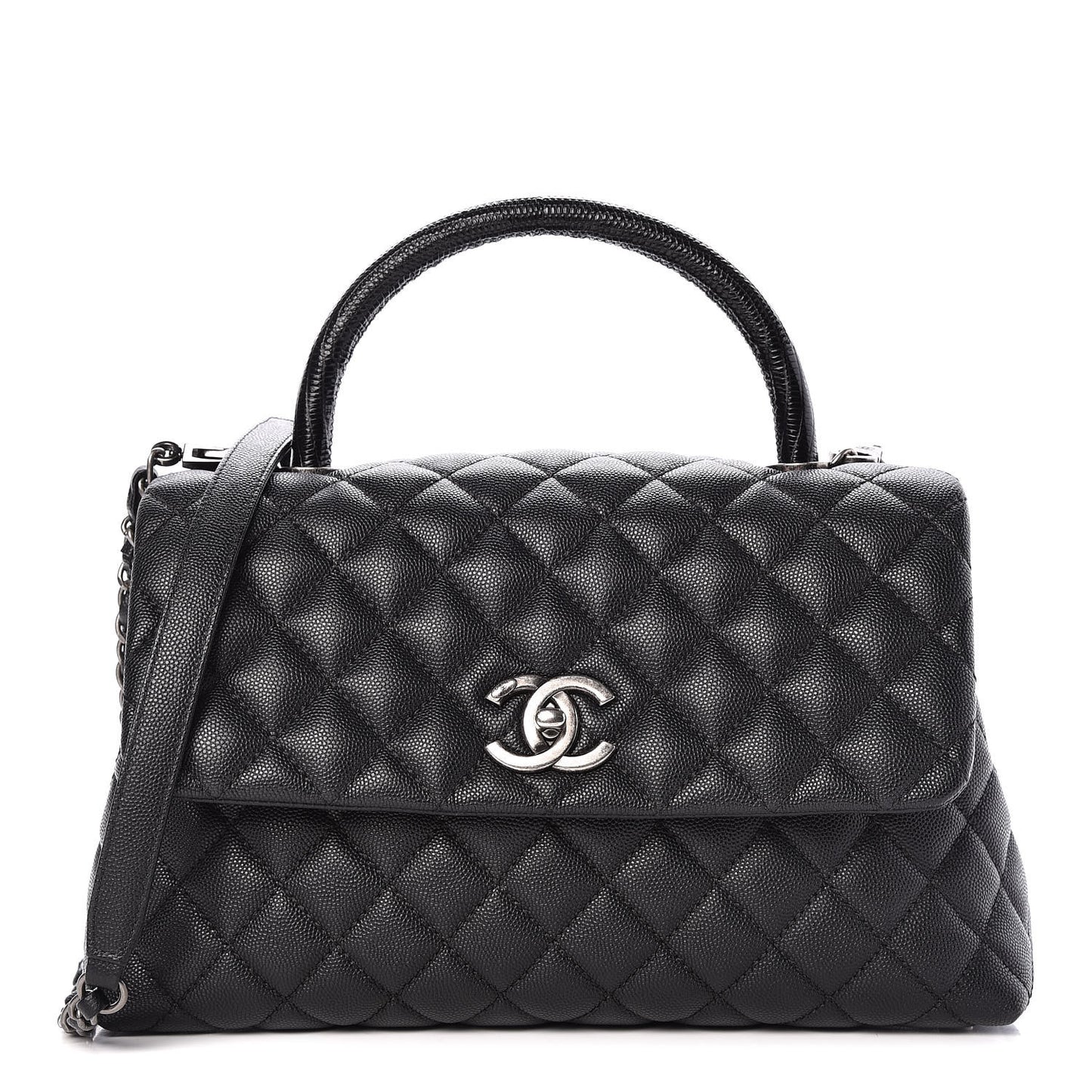 Caviar Lizard Quilted Small Coco Handle Flap Black