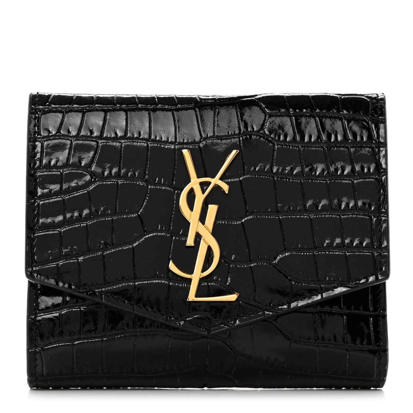 Shiny Calfskin Crocodile Embossed Monogram Uptown Compact Wallet Black