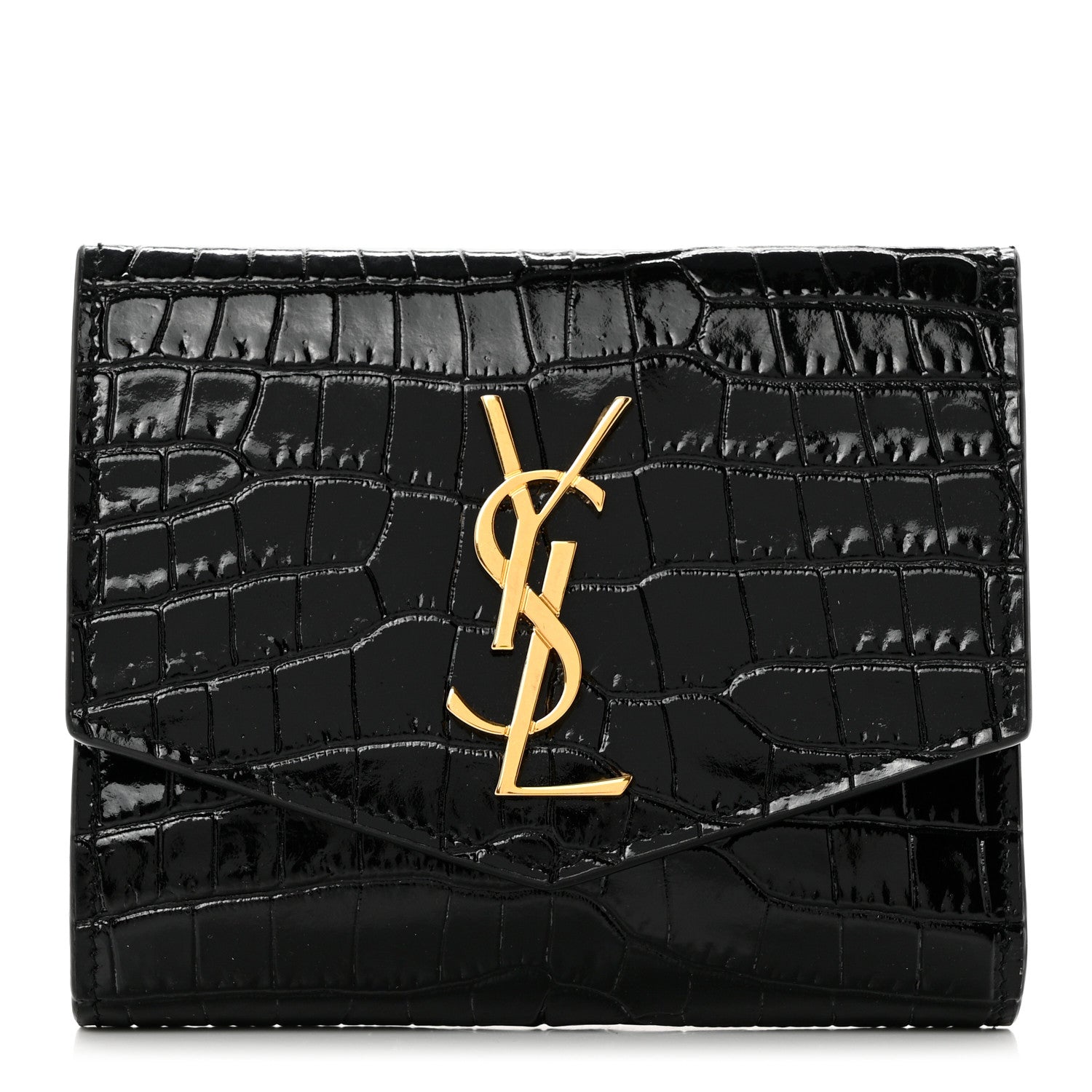 Saint Laurent Shiny Calfskin Crocodile Embossed Monogram Uptown Compact Wallet Black 1 of 7